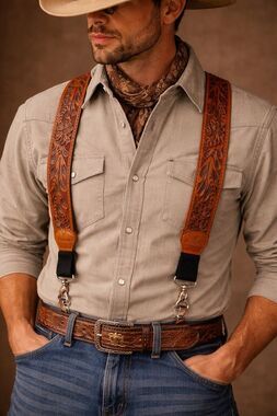 King Ranch Leather Suspenders XL Tooled Floral Western Cowboy Brown Adjustable
